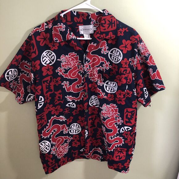 Surf Waves Men's Tropical Casual Button Down Shirt Red Blue Dragons Small - Picture 1 of 5